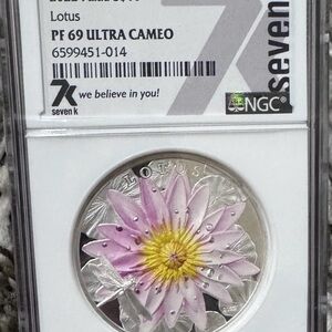 2 oz, 999 silver coin with a beautiful pink and yellow lotus design. PF 69
